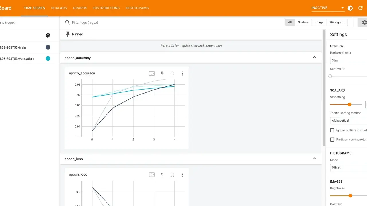 Dashboard de TensorBoard con precisión y pérdida de un modelo en entrenamiento